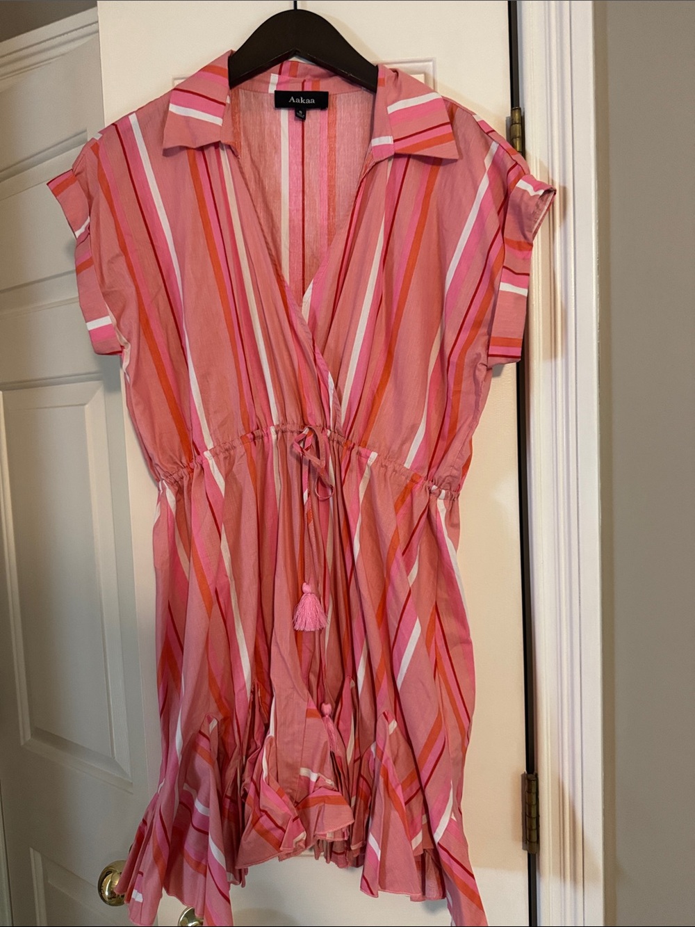 Aakaa Pink, Coral & White Striped Drawstring Shirt Mini Dress